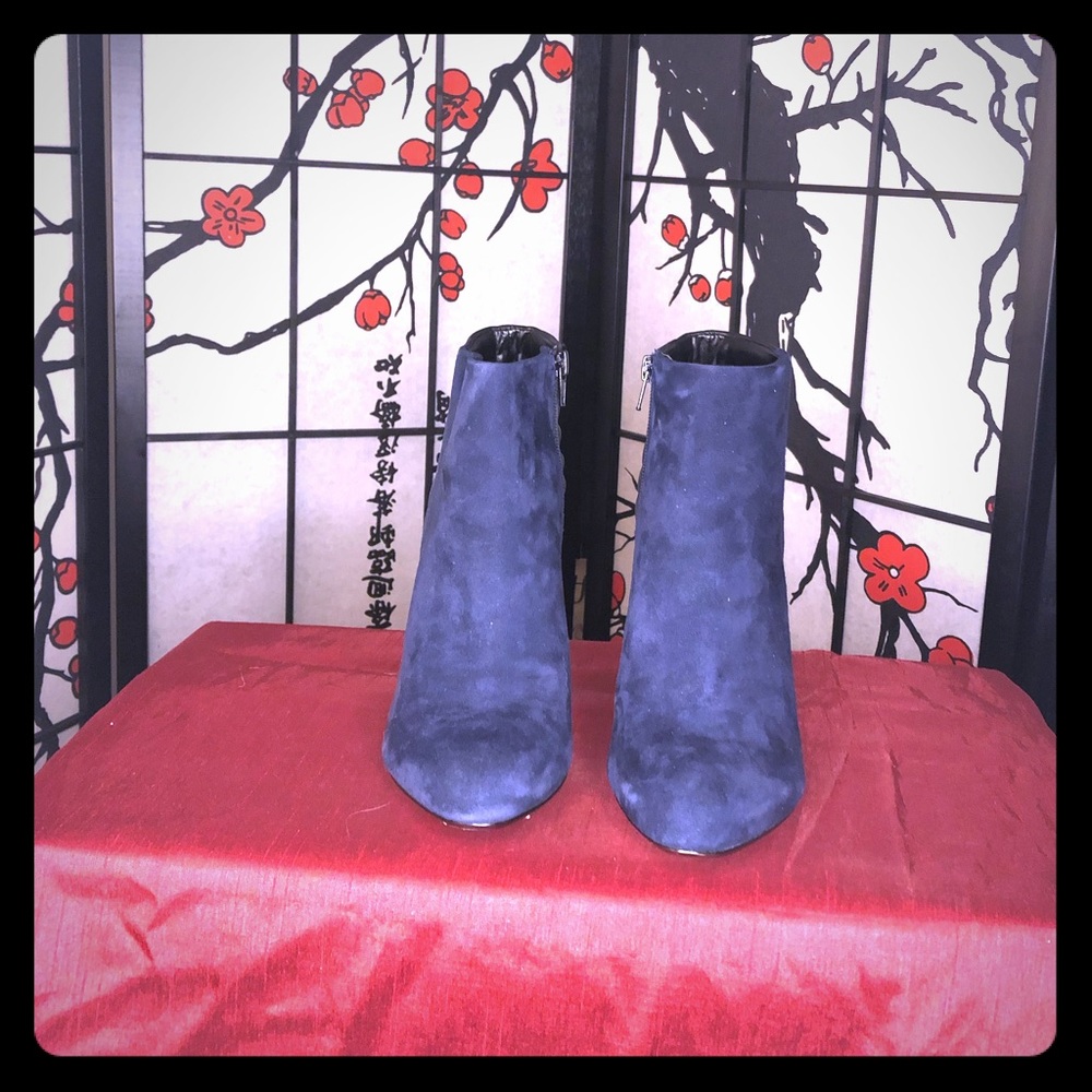 Blue suede and black mixed media booties